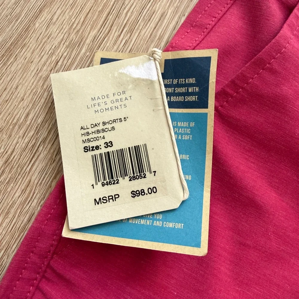 Faherty All Day Hybrid Shorts Mens 33 Hibiscus Pink 5 Inch Inseam Performance